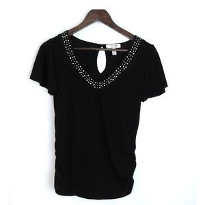 Zena Petites Black Top Rhinestone Keyhole Casual Party Blouse Size S / #5282‎